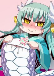 animal_genitalia animal_humanoid asian_clothing blush bodily_fluids cloaca clothing east_asian_clothing fate_(series) female genital_fluids genitals green_hair hair hi_res humanoid japanese_clothing japanese_text kimono kiyohime_(fate) long_hair pussy pussy_juice reptile reptile_humanoid scalie scalie_humanoid simple_background snake snake_humanoid solo sweat sweatdrop text type-moon yellow_eyes