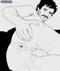 actor alex_illustra_(artist) ass ass_focus ass_play black_and_white butt celebrity fingering hairy hispanic hispanic_male hole hole_(anatomy) latino looking_at_viewer male male_only pedro_pascal real_person uncolored