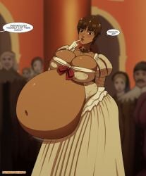 1girls barely_contained_breasts belly belly_bulge berserk big_belly big_belly_bulge big_breasts bloated bloated_belly breasts brown_hair burp burping casca dark-skinned_female dark_skin dress english_text ergos exposed_belly fat fat_woman hyper_belly looking_at_belly offscreen_character party short_hair stuffed stuffed_belly stuffing tagme text tomboy tomboy_in_dress urp