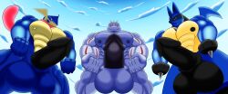 absurd_res adonis_(muscleartguy) atlas_(muscleartguy) balls big_balls big_muscles big_pecs big_penis generation_1_pokemon generation_4_pokemon generation_6_pokemon genitals greninja group hi_res huge_balls huge_cock huge_pecs looking_at_viewer looking_down looming lucario machoke male male/male muscleartguy muscular muscular_male nintendo nipples outside pecs penis pokemon pokemon_(species) smile trio