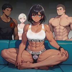 2boys 2girls abs ai_generated bisexual bleached bleached_clothing dark-skinned_female dark-skinned_male jack_of_hearts light-skinned_female light-skinned_male lingerie looking_at_another looking_at_another's_penis meme muscular muscular_female muscular_male piper_perri_surrounded pixai pose queen_of_hearts raceplay sports_bra tomboy