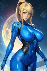 1girls ai_generated blonde_hair blue_eyes breasts female metroid mole_under_mouth navel nintendo nipple_bulge planet plugsuit ponytail samus_aran skin_tight_suit solo space stable_diffusion tagme toned toned_female zero_suit zero_suit_samus