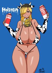 big_breasts bikini black_pupils blonde_hair breasts_bigger_than_head breasts_out cow_ears cow_horns cow_print cowbell dyed_hair hair_over_one_eye holstein_friesian_cattle horn huge_breasts large_breasts looking_at_viewer milk one_eye_obstructed sleeves smile tan_body tan_skin thick_thighs thigh_gap thong voluptuous