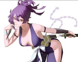 1girls armlet bandages bare_arms breasts brown_eyes clothing_cutout drid female hip_vent japanese_clothes jigokuraku kunai kunoichi leaning leaning_forward light-skinned_female looking_at_viewer medium_breasts ninja no_bra obi ponytail purple_hair revealing_clothes robe sideboob smile solo sword thighs weapon yuzuriha_(jigokuraku)