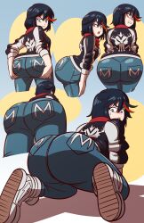 1girls axel-rosered big_butt black_hair blue_eyes blush bubble_butt butt female jeans kill_la_kill looking_back matoi_ryuuko solo studio_trigger