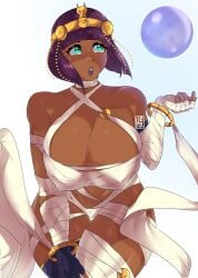 1girls alternate_breast_size ass bandage big_breasts big_thighs blue_eyes bob_cut breasts brown_hair dark-skinned_female egyptian egyptian_clothes egyptian_female female hexprinxess light-skinned_female light_skin lipstick menat orb solo solo_female street_fighter street_fighter_6 street_fighter_v thighs