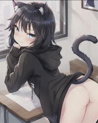 1girls ai_generated arched back bent catgirl classroom cute desk feline female female_only hoodie panties pants smile solo tail window