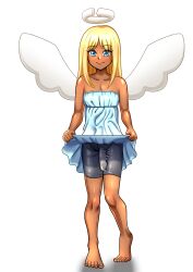 1futa angel barefoot blonde_hair commission commission_art commissioner_upload crimvael cuuki0 dark-skinned_male dark_skin erection_under_clothes halo ishuzoku_reviewers large_penis long_hair skirt_lift tagme tight_pants wings