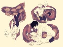 2boys abs arm_grab blush blush_lines chainsaw_man denji_(chainsaw_man) dialogue dripping dripping_wet from_behind from_behind_position gay hirofumi_yoshida human male male_only moaning motion_lines partially_clothed penetration pinned_down slimy smile smirk tentacle tentacles wet yaoi