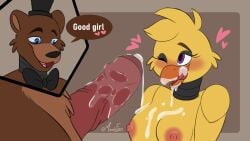 after_fellatio animatronic beak bear breasts breasts_out brown_fur chica_(fnaf) chicken classic_chica_(fnaf) cum cum_on_breasts five_nights_at_freddy's fnaf freddy_(fnaf) furry furry_only hearts hearts_around_head mandyfoxy naked naked_female naked_male penis robot robot_girl robot_male text text_bubble top_hat veins yellow_fur