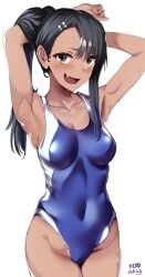 1girls armpits arms_behind_back arms_behind_head arms_up big_breasts black_hair blush brown_eyes busty cleavage covered_navel fangs female female_only hayase_nagatoro head-cha-la large_breasts legs long_hair looking_at_viewer one-piece_swimsuit please_don't_bully_me,_nagatoro sensual sexy_armpits smile solo solo_female sweat swimsuit thighs voluptuous