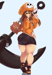 1girls anchor ass big_ass big_thighs bike_shorts black_shorts brown_clothing brown_eyes brown_hair female guilty_gear guilty_gear_strive hexprinxess huge_ass huge_thighs light-skinned_female light_skin long_hair may_(guilty_gear) pantylines solo solo_female spats thick_thighs thighs weapon