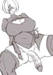 1futa balls big_breasts big_penis blindfold bottomless breasts clothed clothing flaccid flaccid_penis futa_only futanari human intersex light-skinned_futa light_skin mexbox100 monochrome nier nier:_automata partially_clothed penis short_hair sitting solo spread_legs testicles thick_thighs thighhighs white_hair yorha_2b