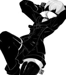 1boy bulge clothed clothing femboy light-skinned_male light_skin male male_focus male_only monochrome nier nier:_automata nudiedoodles short_hair solo thighhighs trap white_background white_hair yorha_9s