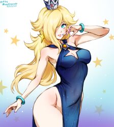 1girls bare_thighs blonde_hair blue_eyes breasts cleavage_cutout dress earrings female female_only hair_over_one_eye long_hair mario_(series) medium_breasts minacream nail_polish princess_rosalina purple_nails revealing_clothes simple_background smile solo standing star starry_night_dress_(sarukaiwolf) super_mario_galaxy thighs wide_hips