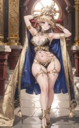 ai_generated barely_clothed big_breasts blonde_hair blue_eyes cape crown female gold_(metal) jewelry queen temple temple_background thick thick_ass thick_thighs