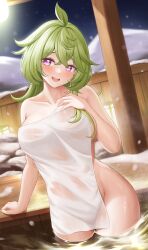 1girls arayuki_(sakurafubuki) big_breasts blush breasts collei_(genshin_impact) female genshin_impact green_hair hot_spring naked_towel onsen purple_eyes thick_thighs thighs towel voluptuous winter