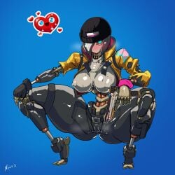 1girls 2d beanie beanie_hat blush breasts female female_only firearm fortnite gausscannon gun huge_breasts jacket one_eye pistol rebel_(fortnite) robot robot_girl robot_humanoid robot_joints solo solo_female squatting thick_thighs thighs