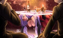 1girls 2boys alcohol alcoholic_drink artist_logo bottle breast_slip breasts_out commission commission_art commissioner_upload forniphilia human_table humiliation jewelry kyokou_suiri large_breasts long_gloves long_hair looking_at_viewer nanase_karin nipple_slip nipples palegloss purple_hair red_eyes smoking smoking_cigarette tagme whiskey wine