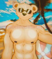 2023 abs anthro beach beach_ball bear bear_(game) black_nipples buff fluffy_face furry furry_only i_need_special_guest_r34 male male_anthro male_only maxumusiktrans muscles muscular muscular_male nipples no_humans no_mouth palm_tree pecs roblox roblox_game sam_(bear) signature sunglasses surfer_(bear) tan_body tan_fur twitter_username ursid ursine watermark