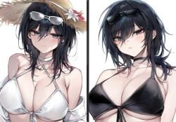 2girls black_bikini breasts brown_hair cyan_eyes hat huge_breasts light-skinned_female light_skin looking_at_another pale_skin pale_skinned_female short_hair sun_hat sunglasses sunglasses_on_hat white_bikini