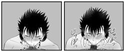 2boys :>= bar_censor blowjob blowjob_face blush cum cum_in_mouth fellatio gay gintama headphones kawakami_bansai l_kei_l looking_at_viewer male male_only male_pov male_pubic_hair monochrome multiple_images oral pov solo_focus spiky_hair vacuum_fellatio yaoi