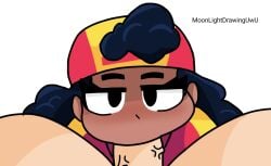 1boy 1girls backwards_baseball_cap black_hair blowjob brawl_stars clothed_female_nude_male cropped cropped_image dark-skinned_female dark_hair dark_skin edit edited eye_contact female_focus fully_clothed light-skinned_male light_skin male_pov meg_(brawl_stars) moonlightdrawinguwu oral pov pov_eye_contact supercell veiny_penis white_background white_body