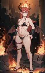 ai_generated barely_clothed bat_wings belly bikini confident devil fire hell horns leather leather_bikini red_eyes red_hair thick thick_ass thick_thighs wings