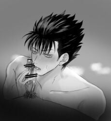 2boys bar_censor blowjob_only blush breath erection fellatio gay gintama kawakami_bansai l_kei_l licking_penis looking_at_viewer male male_focus male_only monochrome nude oral penis solo_focus sweat veiny_penis yaoi