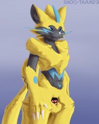 absurd_res anthro balls blue_eyes chastity_cage chastity_device claws felid feline fur generation_7_pokemon genitals hi_res legendary_pokemon male mammal nintendo penis pokemon pokemon_(species) shido-tara simple_background solo tail yellow_body yellow_fur zeraora