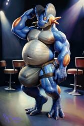 1boy 2023 3_toes 5_fingers amphibian anthro anthro_only arm_behind_head bar bar_stool bara barazoku barely_clothed belly belly_button belt belt_buckle big_belly big_bulge black_eyes blue_body blue_scales blue_skin bottomwear bottomwear_only bulge bulge_through_clothing chubby chubby_anthro chubby_male clothing detailed digital_drawing_(artwork) digital_media_(artwork) digitigrade feet flexing flexing_bicep game_freak garter_straps gay generation_3_pokemon hi_res huge_bulge huge_filesize jock jockstrap jockstrap_only jrsquare looking_at_viewer male male_only moobs mostly_nude musclegut navel nintendo orange_sclera penis_outline pokemon pokemon_(species) pokemon_only public scales shadow signature smile smiling smiling_at_viewer solo standing stool swampert two_tone_body two_tone_scales two_tone_skin underwear underwear_only video_games white_body white_scales