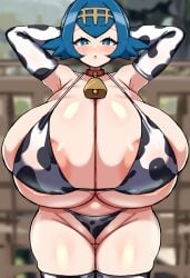 1girls aged_up alternate_breast_size blue_hair breasts breasts_bigger_than_head breasts_bigger_than_torso cow_print cow_print_bikini detritus duvet208 female game_freak gigantic_breasts huge_breasts hyper_breasts lana_(pokemon) light-skinned_female light_skin massive_breasts nintendo pokemon pokemon_sm short_hair