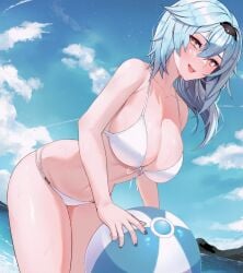 1girls bare_shoulders beach beach_ball belly_button bikini bikini_bottom bikini_top blue_nails blush breasts breasts clouds cyan_hair eula_(genshin_impact) female female female_only genshin_impact hips leaning_forward lessone light-skinned_female light_skin looking_at_viewer midriff mihoyo navel open_mouth pale-skinned_female pale_skin sky solo stomach swimwear white_bikini white_bikini_bottom white_bikini_top yellow_eyes