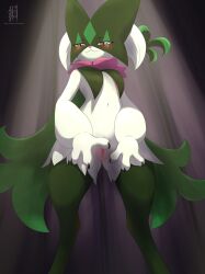 absurd_res anthro blush breasts eryz felid feline female fur genitals green_body green_fur hi_res mammal meowscarada nintendo nude pokemon pokemon_(species) pokemon_sv pussy smile solo