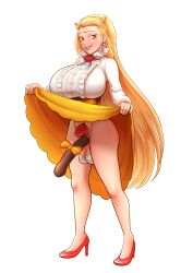 1futa ball_bra balls blonde_hair bottomless breasts clothed clothing cock_sleeve cock_sleeve_(clothes) commission commission_art commissioner_upload cuuki0 dress dress_lift erection futa_only futanari high_heels huge_breasts huge_cock human inou_toshiko juuni_taisen large_penis light-skinned_futanari light_skin long_hair mostly_clothed orange_eyes penis red_shoes skirt_lift solo standing