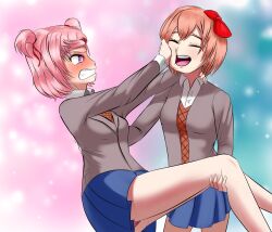 2girls artlab blue_skirt blush carrying carrying_person closed_eyes doki_doki_literature_club female female_only holding_person long_legs multiple_girls natsuki_(doki_doki_literature_club) panties panty_peek pantyshot pink_eyes pink_hair sayori_(doki_doki_literature_club) skirt strawberry_blonde_hair thedarkartlab_(artist) wholesome