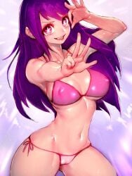 bare_shoulders bikini blush breasts cleavage covered_nipples crotchless crotchless_bikini female fumio_(rsqkr) highres hoshino_ai long_hair looking_at_viewer multicolored_hair navel oshi_no_ko purple_eyes purple_hair pussy side-tie_bikini_bottom smile solo star-shaped_pupils star_(symbol) star_in_eye swimsuit symbol-shaped_pupils symbol_in_eye thighs