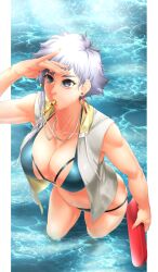 1girls alternate_costume bare_legs bare_shoulders bikini black_eyes bleach bleach_brave_souls bleu_grapes braids busty collarbone earrings female female_only huge_breasts in_water kotetsu_isane lifeguard midriff object_in_mouth official_alternate_costume partially_submerged pinup revealing_swimsuit short_hair short_hair_with_long_locks silver_hair solo solo_focus standing swimsuit vest voluptuous water whistle whistle_(object) whistle_around_neck