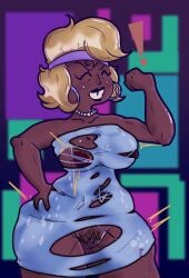 ! 1girls artist_request blonde_hair breasts brown_nipples brown_skin carol_(ok_k.o.!_let's_be_heroes) carol_kincaid cartoon_network dark-skinned_female dark_skin dress earrings eyes_closed female female_only female_pubic_hair fist lips lipstick makeup milf necklace nipples ok_k.o.!_let's_be_heroes pubic_hair race_swap short_hair smile solo torn_clothes very_dark_skin