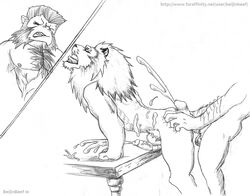 2010 anthro beijinbeef bent_over cum darius_(fullmetal_alchemist) fullmetal_alchemist fur fury heinkel lion male male_only monochrome multiple_males muscles nude penis side_view table tagme yaoi