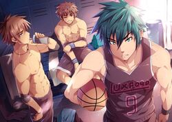 3boys abs armband athlete basketball black_hair black_monkey blackmonkey_pro blue_eyes blue_hair bracelet brown_eyes brown_hair clothed grin indoors light_skin locker locker_room male male_only muscle muscular nipples pale_skin pecs piercing shiny_skin shirtless smirk spiky_hair sweat tan_skin water water_bottle