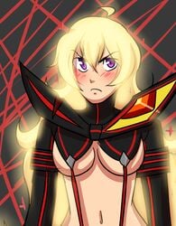 big_breasts blonde_hair blush breasts color crossover embarrassed female female_only frown human kill_la_kill large_breasts long_hair looking_at_viewer matoi_ryuuko_(cosplay) open_eyes purple_eyes rwby seiyuu_connection senketsu skimpy solo standing voice_actor_connection yang_xiao_long