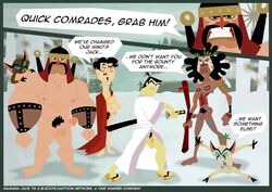 2monsters 4boys am_(samurai_jack) black_hair blue_eyes bodypaint boris_(samurai_jack) bracers cape clogs dark-skinned_male erection exposed_penis facepaint facial_hair fangs flaccid gay headband helmet holding_weapon i_(samurai_jack) imminent_rape jajunga_the_aboriginal legs_apart male male_only moustache multiple_males multiple_penises no_pupils open_robe open_toe_shoes penis_size_difference pointed_ears pubic_hair robe samurai_jack samurai_jack_(character) size_difference soul_patch spread_eagle sword tagme the_gentleman tied_hair uncut weapon yaoi