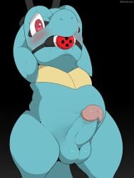 absurd_res ball_gag balls blue_body blush bodily_fluids bondage bound erection gag genitals hi_res humanoid_genitalia humanoid_penis male nintendo penis pokémon_(species) pokemon pokephilia red_eyes saliva solo totodile video_games winick-lim