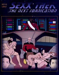 alien android bajoran_(species) betazoid_(species) beverly_crusher breasts combadge data deanna_troi female group_sex jean-luc_picard klingon_(species) male natasha_yar nipples nude orgy rifus_lerud ro_laren ships_bridge star_trek star_trek_the_next_generation starfleet_insignia starfleet_uniform william_riker worf