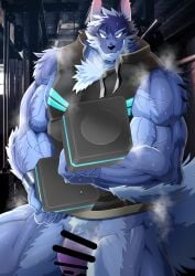 2021 absurd_res anthro athletic athletic_male blue_body blue_fur bodily_fluids bottomless breath canid canine canis censored chest_tuft claws clothed clothing cute_fangs digital_drawing_(artwork) digital_media_(artwork) dumbbell elbow_tufts exercise finger_claws flaccid flexing fur genitals hi_res homohomofever humanoid_genitalia humanoid_penis lifewonders male male_only mammal multicolored_body multicolored_fur muscular muscular_anthro muscular_male penis pubes shirt smile smirk solo steam sweat tindalos_(tokyo_afterschool_summoners) tokyo_afterschool_summoners topwear tuft vein veiny_muscles video_games weights wolf workout