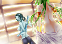 2girls armlet ass back black_hair bracer breasts capri_pants female female_only green_hair grey_eyes grey_skin kid_icarus long_hair looking_at_viewer looking_back multiple_girls nintendo nipples palutena ponytail shirt_pull sideboob smile standing steam super_smash_bros. super_smash_bros._for_nintendo_3ds_and_wii_u tank_top tied_hair un4lord undressing wii_fit wii_fit_trainer