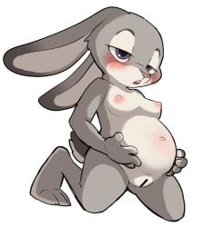 anthro belly blush breasts buckteeth censored censored_genitalia censored_pussy disney embarrassed female fur grey_body grey_fur half-closed_eyes judy_hopps kneeling lagomorph leporid male mammal manmosu_marimo narrowed_eyes nipples nude open_mouth pregnant pregnant_female rabbit simple_background solo teeth touching_own_belly white_background zootopia