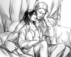 1boy 1girls after_sex attack_on_titan bedroom boyfriends_shirt cleavage female hand_on_face lying_on_person male male/female monochrome on_bed on_lap open_clothes open_shirt partially_clothed partially_nude reiner_braun romantic shingeki_no_kyojin straight ymir_(shingeki_no_kyojin)