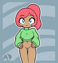 arcaneplaza blue_eyes blush bottomless chloe_(nekuzx) exposed_pussy female green_sweater pussy red_hair sweater sweater_only tagme